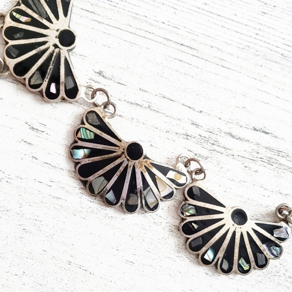 Mexico Sterling Black Onyx, MOP, Abalone Necklace. - Picture 13 of 16